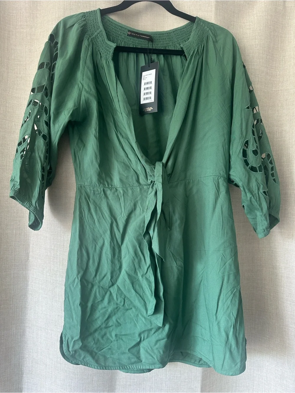 VIX Deep V Alice Green Tie-Front Swim Coverup Dress Chemise Sz M NWT
